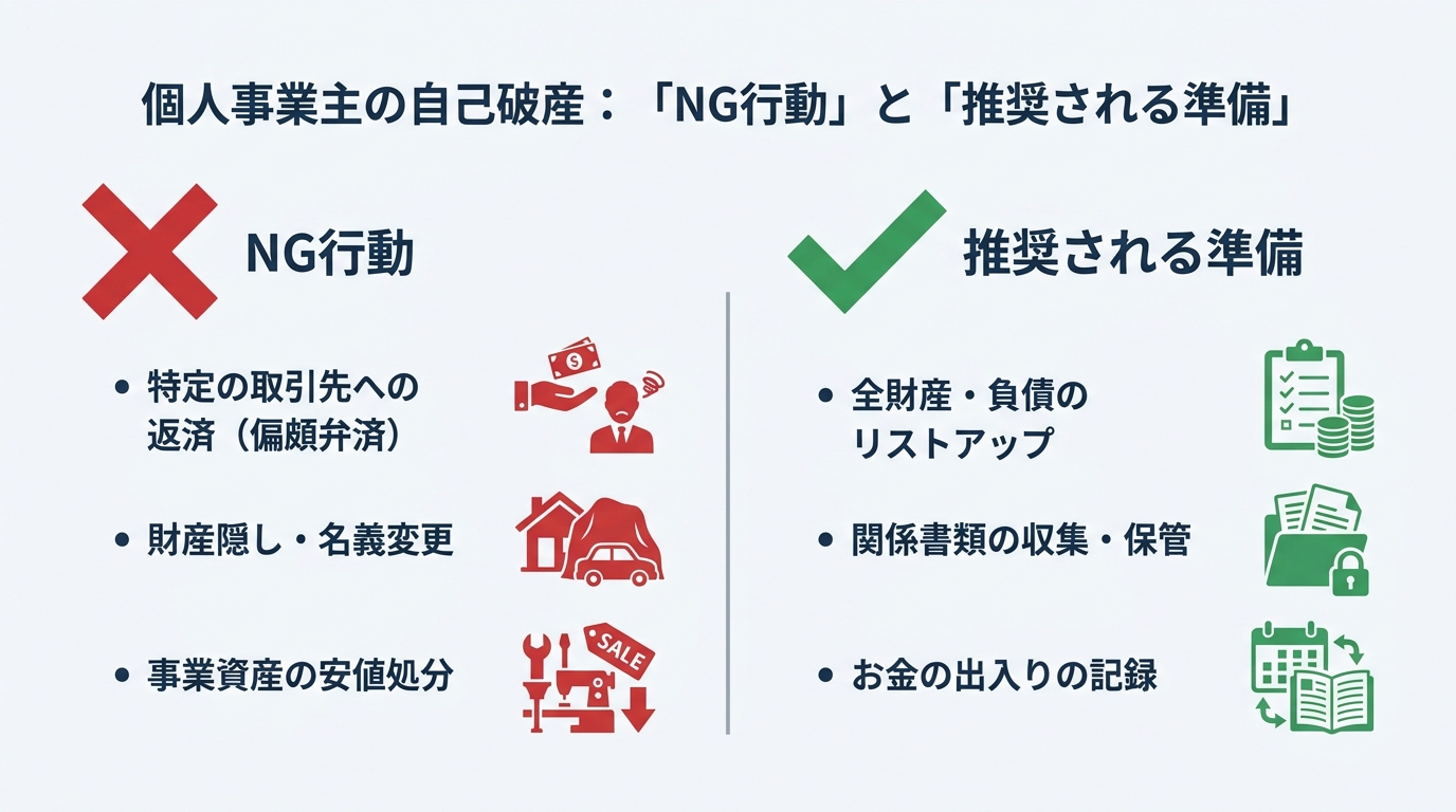 自己破産前にやるべきこと・やってはいけないことの比較図。NG行動として偏頗弁済、財産隠し、資産の安値処分。推奨される準備として財産リストアップ、書類収集、収支記録が示されている。