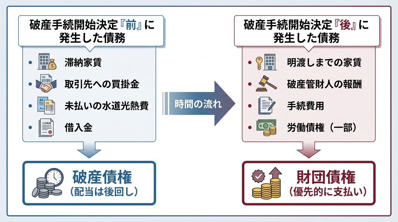 法人破産における破産債権と財団債権の違いを説明する図解。破産手続開始決定の前後で、滞納家賃などの債務の扱いがどう変わるかを示している。