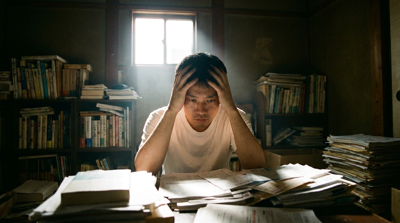 任意整理の返済に悩み、多くの請求書を前に頭を抱える男性。