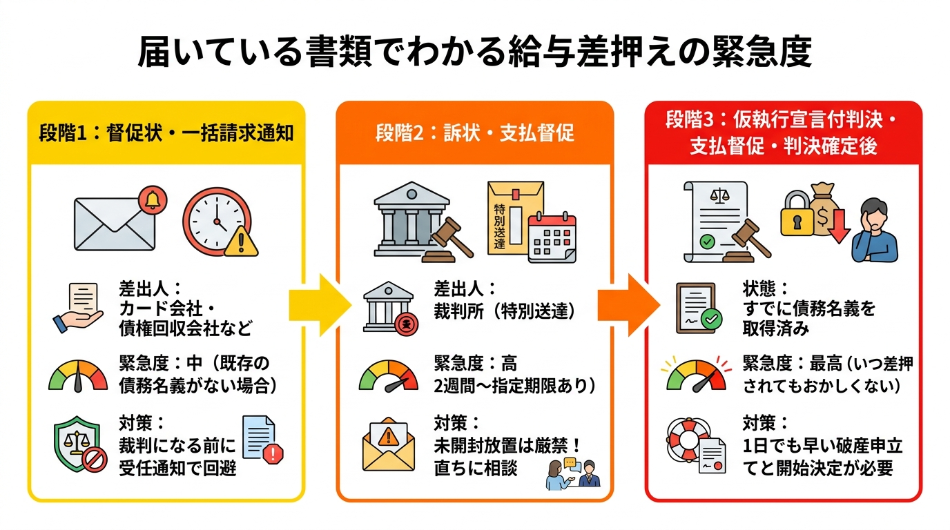 届いている書類(督促状・訴状・仮執行宣言付判決など)でわかる給与差押えの進行段階と緊急度の図解