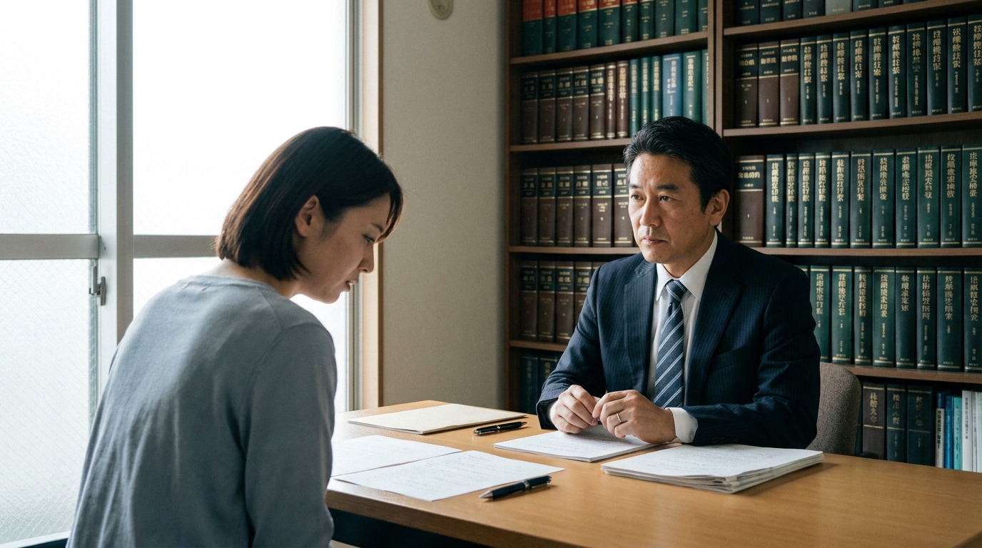 弁護士に自己破産の相談をしている様子の写真。真剣な表情で話を聞く弁護士と、不安げな相談者。