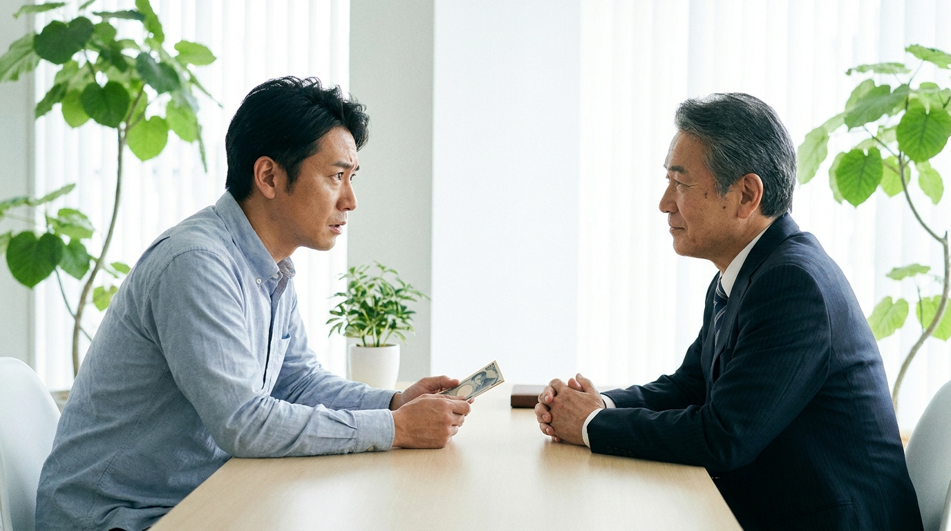 自己破産について弁護士に相談する男性。携帯料金の支払いに悩み、専門家のアドバイスを真剣に聞いている。