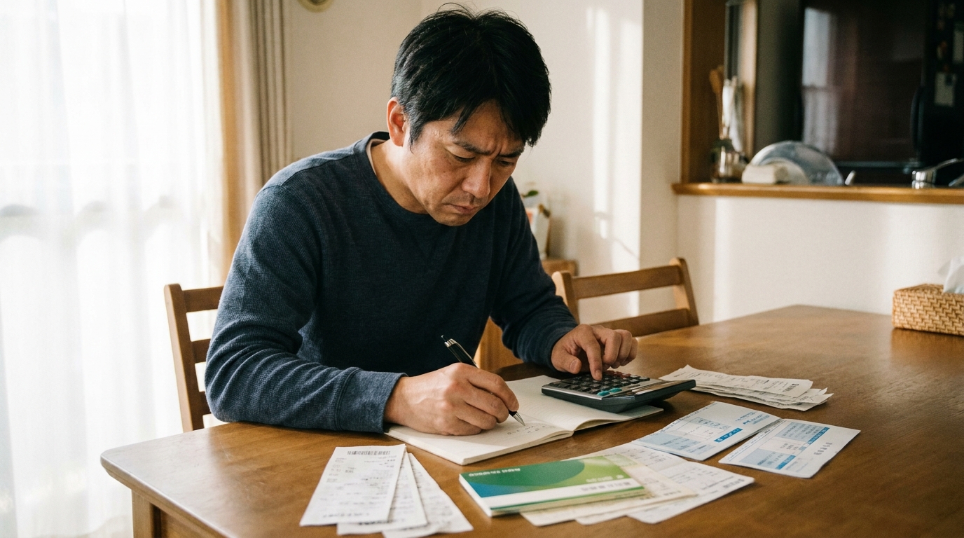 自宅のテーブルで家計簿をつけ、収入と支出を整理している男性。生活再建に向けて真剣に取り組んでいる様子。