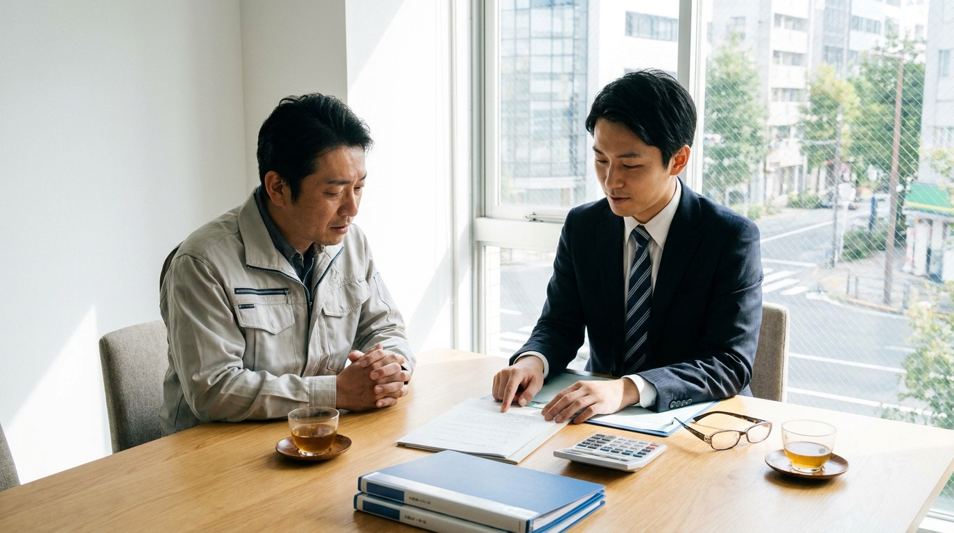 法律事務所で弁護士に相談する個人事業主。売掛金の扱いについて専門家からアドバイスを受けている。