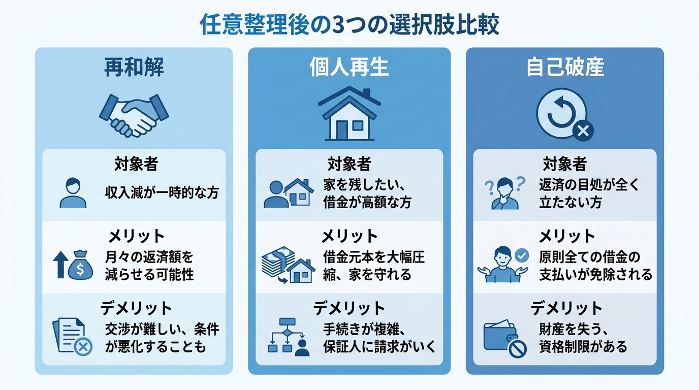 任意整理後の選択肢である再和解、個人再生、自己破産の対象者、メリット、デメリットを比較した図解。