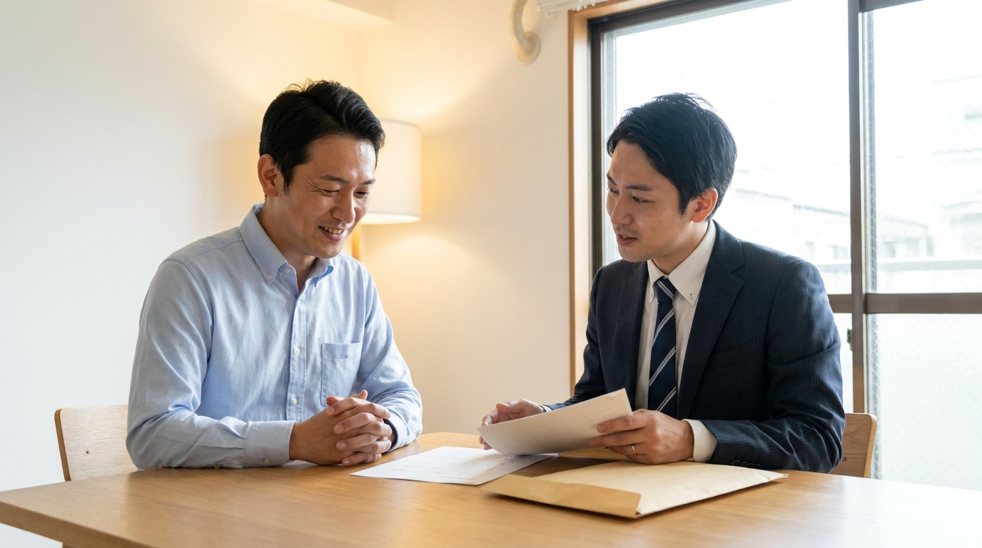 裁判所や債権者から届いた書類を持参して弁護士に自己破産の相談をしている様子